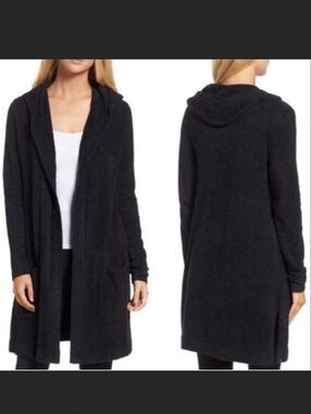 NWT Barefoot Dreams CozyChic Lite Relaxed Hooded Longline Cardigan Black Large
